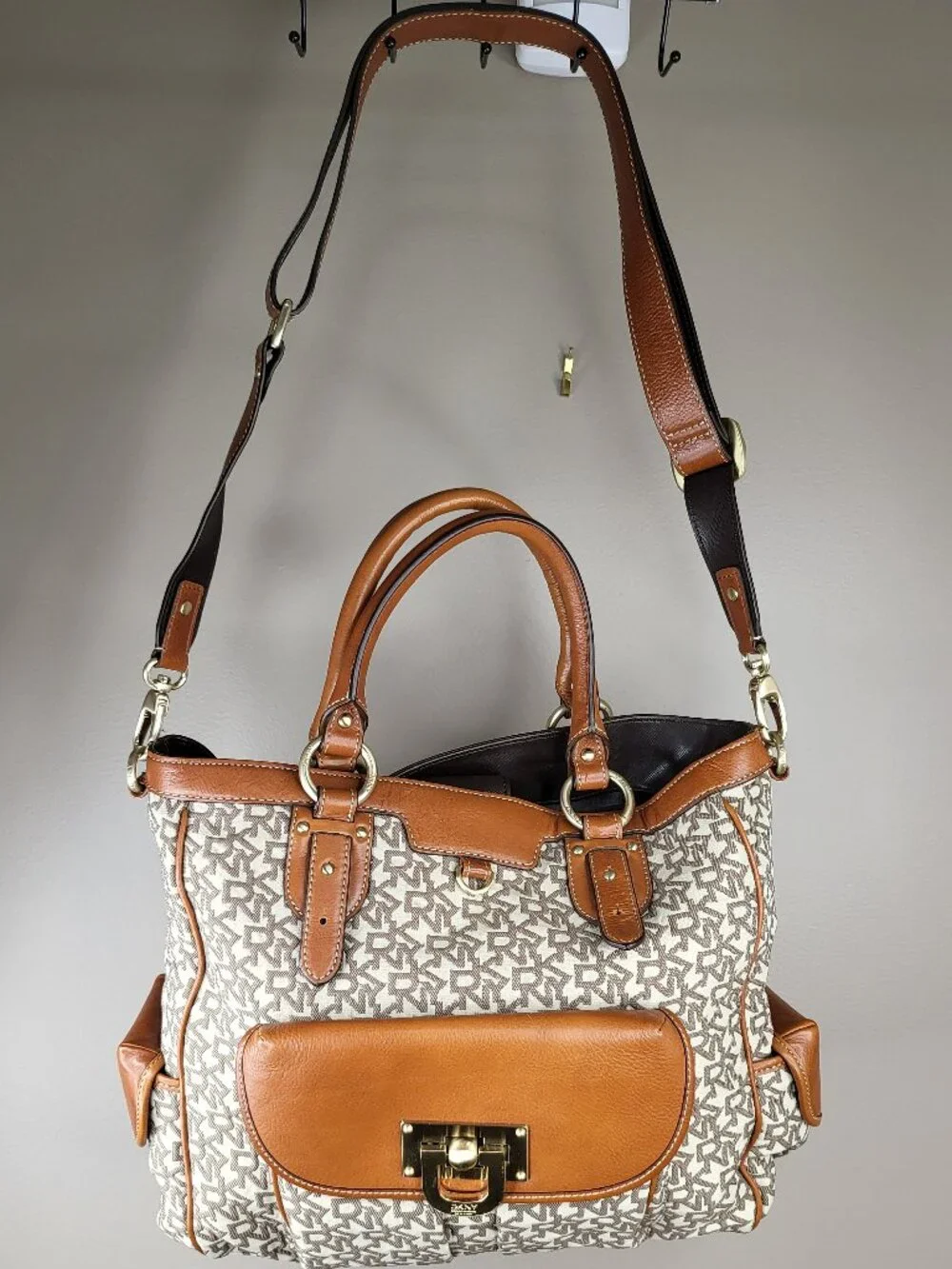DKNY Signature Logo Jacquard Convertible Shoulder Crossbody Bag Tan Brown